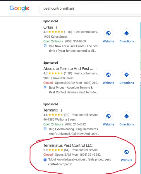 Terminatus Pest Control ranking first in Google for pest control Mililani